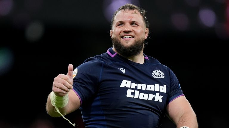 Scotland's Pierre Schoeman celebrates after the Guinness Men's Six Nations match at the Principality Stadium
