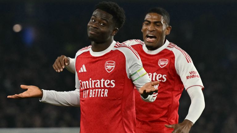 Bukayo Saka celebrates in muted fashion after giving Arsenal an early lead at Brighton