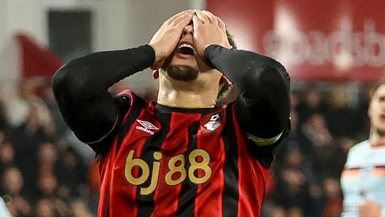 Marcus Tavernier reacts after seeing his shot hit the Brentford crossbar
