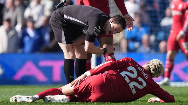 Hugo Ekitike suffers a leg injury in the opening stages of Liverpool's visit to Brighton
