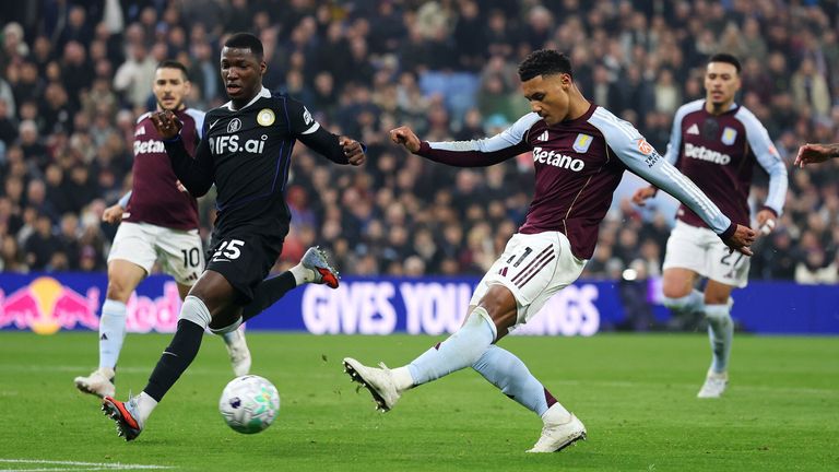 Ollie Watkins fires his shot into the Chelsea net only for his effort to be ruled out by VAR for offside