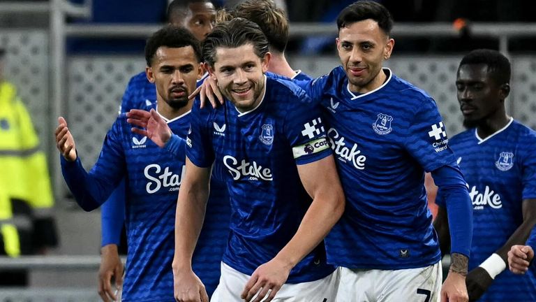 James Tarkowski is congratulated after giving Everton the lead against Burnley