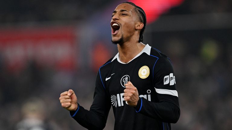 Joao Pedro celebrates after completing his hat-trick against Aston Villa