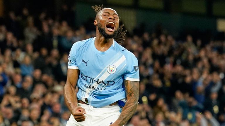 Antoine Semenyo celebrates after giving Man City a first-half lead against Nottingham Forest