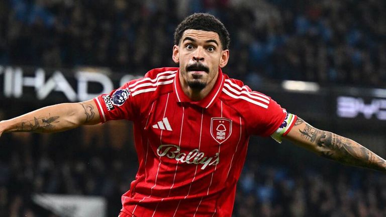 Morgan Gibbs-White celebrates after equalising for Nottingham Forest at the Etihad