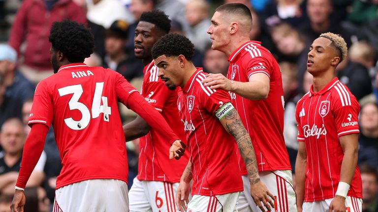 Morgan Gibbs-White is congratulated after doubling Nottingham Forest's lead at Spurs