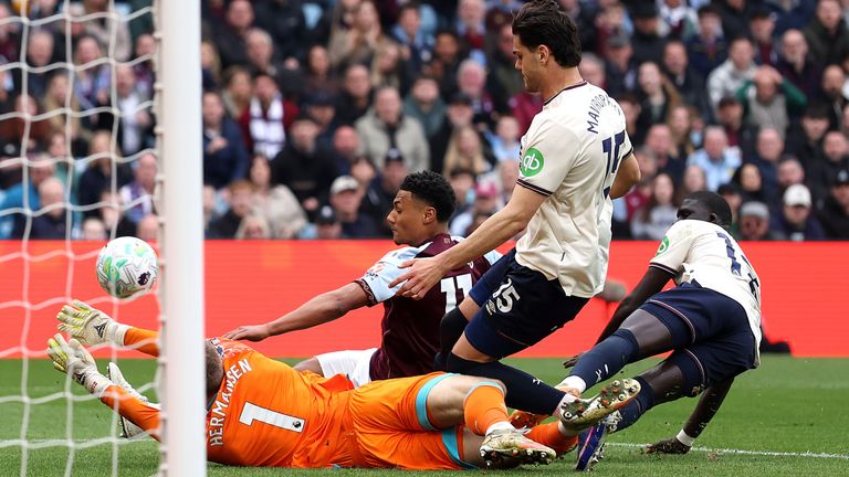 Ollie Watkins reacts quickest to a rebound to score Aston Villa's second goal against West Ham