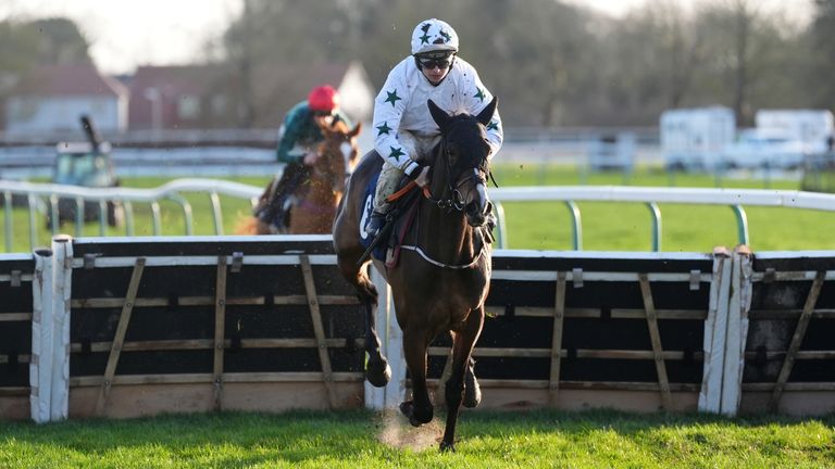 Queenie St Clair ridden by jockey Sean Bowen on their way to winning the Star Sports Handicap Hurdle at Fontwell Park