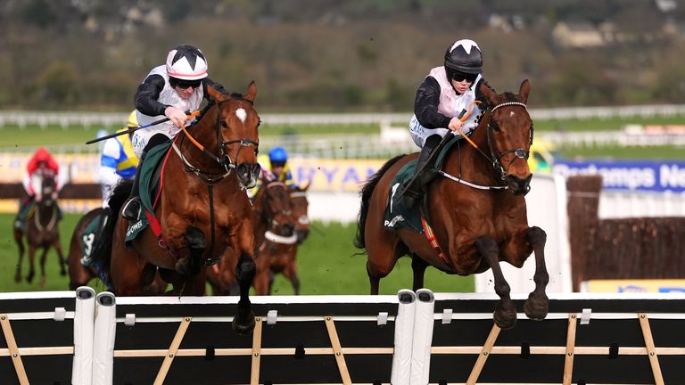 Bob Olinger ridden by jockey Rachael Blackmore (right) on their way to winning the Paddy Power Stayers' Hurdle