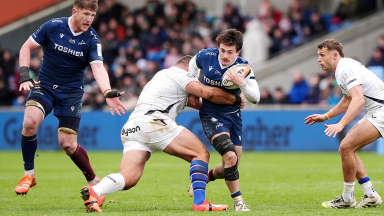 Sale Sharks' Raffi Quirke is tackled by Bath Rugby's Thomas du Toit 