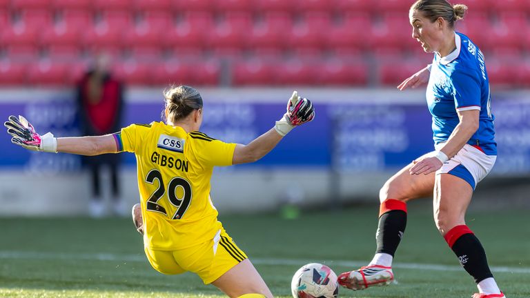 Glasgow City co-captain Lee Gibson denies Katie Wilkinson of Rangers (Credit Colin Poultney/SWPL)