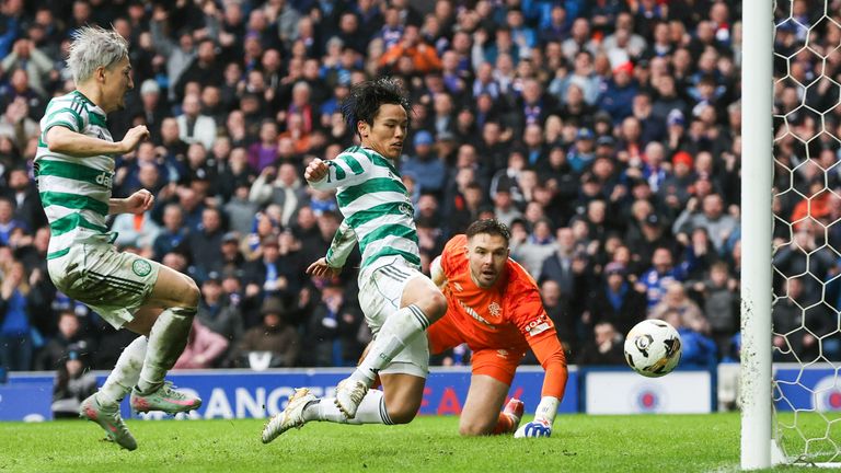 Celtic's Reo Hatate scores after his penalty is saved twice to make it 2-2