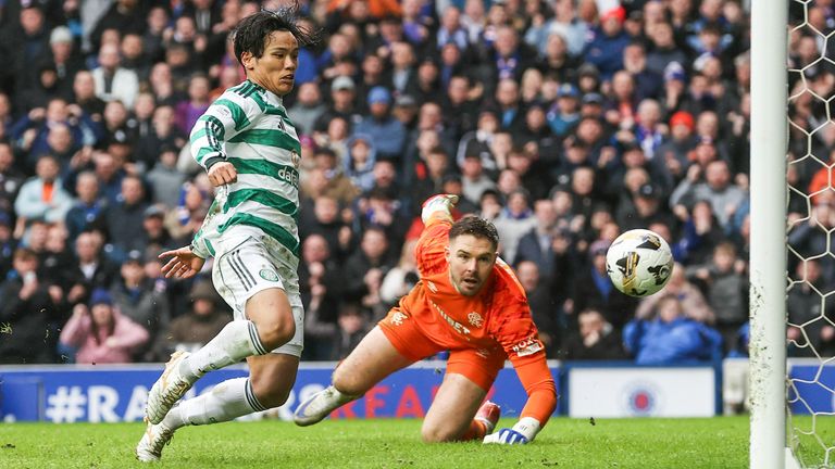 Celtic's Reo Hatate scores to make it 2-2 against Rangers