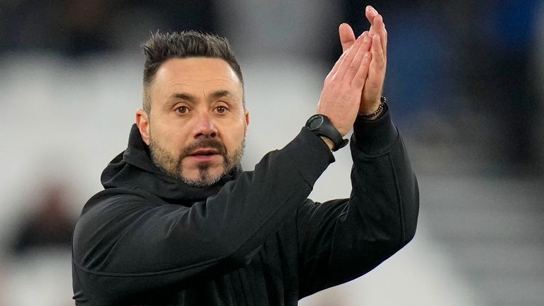 FILE - Brighton's head coach Roberto De Zerbi applauds after the English Premier League soccer match between West Ham and Brighton