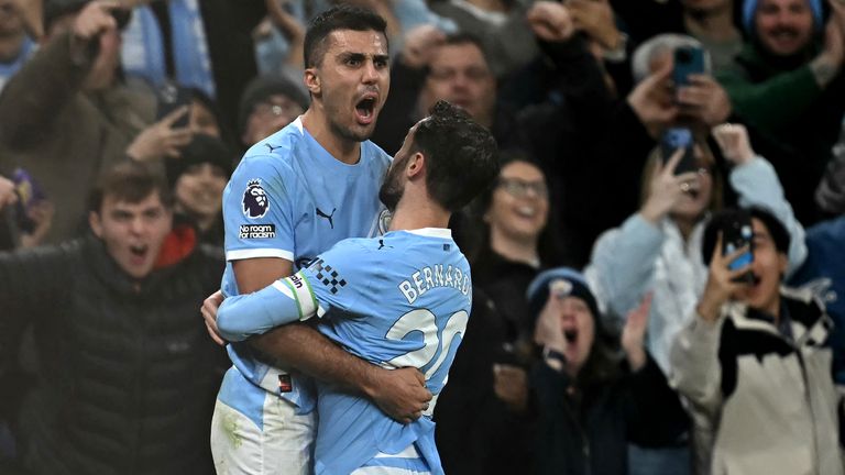 Rodri celebrates after restoring Man City's lead against Nottingham Forest