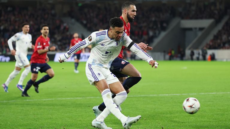Morgan Rogers during Aston Villa's Europa League last-16 first-leg at Lille