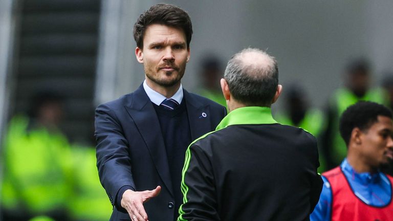GLASGOW, SCOTLAND - MARCH 01: Rangers Head Coach Danny Rohl (L) and Celtic Manager Martin O'Neill (R) shake hands at full time during a William Hill Premiership match between Rangers and Celtic at Ibrox Stadium, on March 01, 2026, in Glasgow, Scotland. (Photo by Craig Foy / SNS Group)