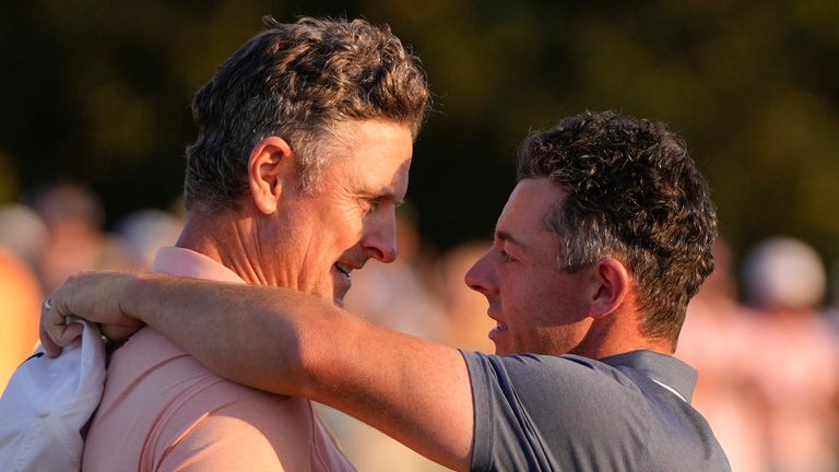 McIlroy hugs Justin Rose after their dramatic play-off at The Masters 