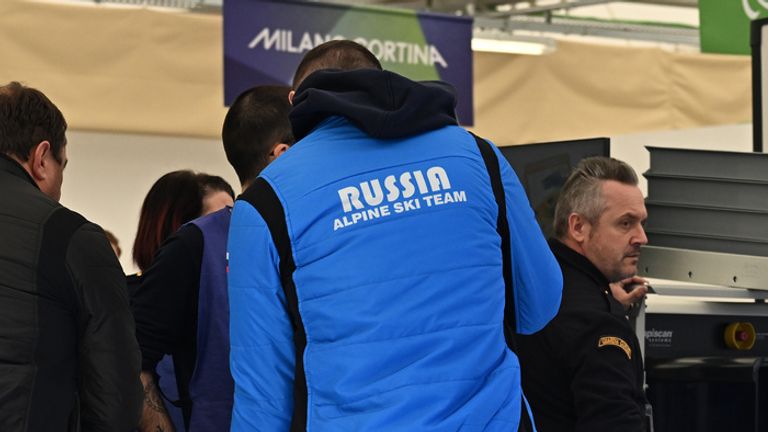 Representatives of Russia for the Winter Paralympic Games Milan Cortina 2026 are seen at the Athletes' Village in Cortina d'Ampezzo, Italy, on February 28, 2026. The Milan-Cortina Winter Paralympics will have its opening ceremony on March 6th and will run for 10 days. ( The Yomiuri Shimbun via AP Images )