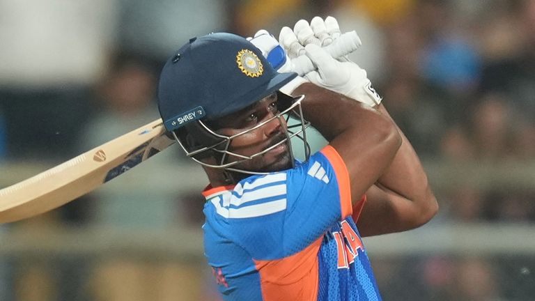 India's Sanju Samson bats during the T20 World Cup cricket semi-final against England (Associated Press)