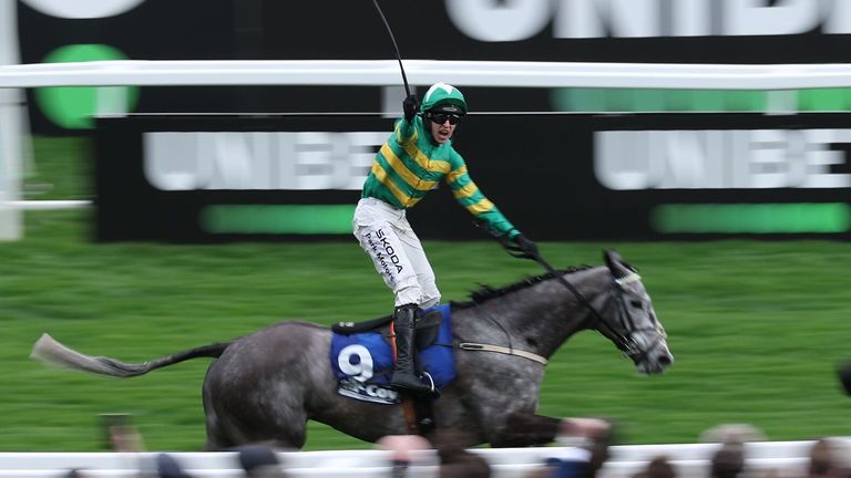 Mark Walsh celebrates Saratoga's victory in the Fred Winter