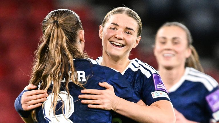 GLASGOW, SCOTLAND - MARCH 07: Scotland's Maria McAneny celebrates with Miri Taylor (L) after scoring to make it 7-0 during a FIFA Women's World Cup qualifying match between Scotland and Luxembourg at Barclays Hampden, on March 07. 2026, in Glasgow, S