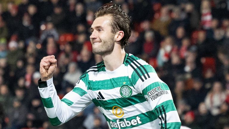 Benjamin Nygren celebrates after restoring Celtic's lead at Aberdeen
