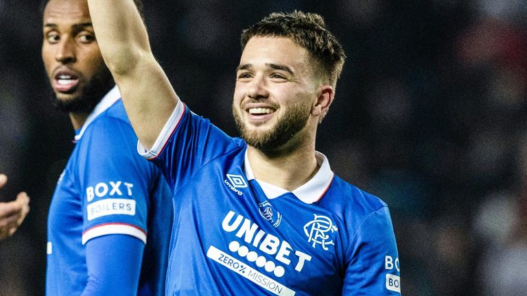 Nicolas Raskin salutes the crowd ater restoring Rangers' two-goal lead against Aberdeen