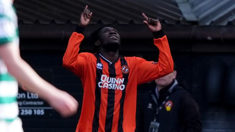 Emmanuel Agyei celebrates after doubling Dundee United's lead against Celtic