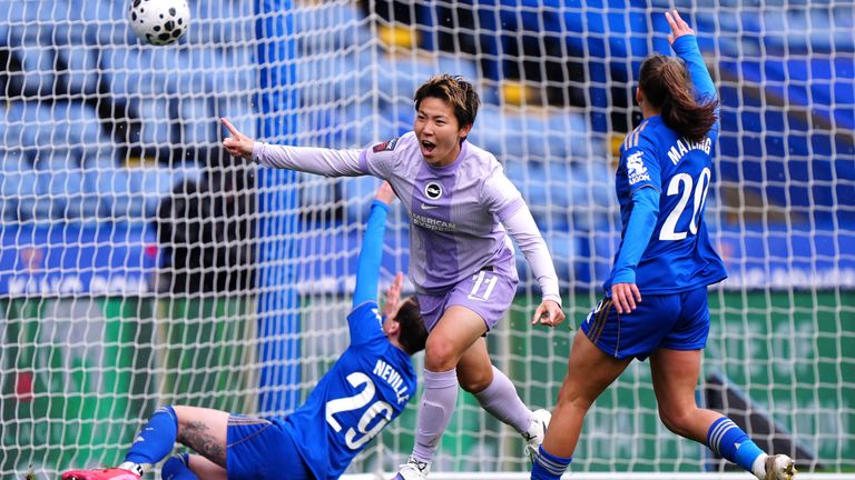 Brighton and Hove Albion's Kiko Seike celebrates scoring their side's first goal of the game during the Barclays Women's Super League match at the King Power Stadium, Leicester. Picture date: Sunday March 29, 2026. PA Photo. Photo credit should read: Bradley Collyer/PA Wire...RESTRICTIONS: Use subject to restrictions. Editorial use only, no commercial use without prior consent from rights holder.