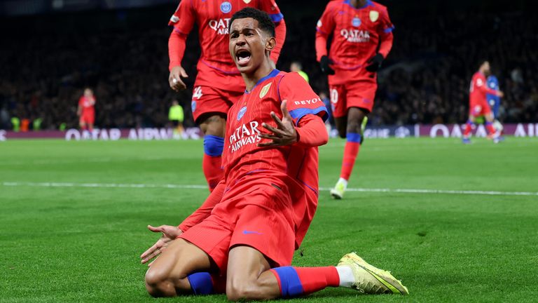 Senny Mayulu celebrates after scoring PSG's third goal at Stamford Bridge