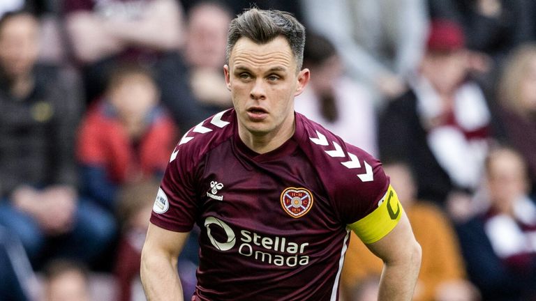 EDINBURGH, SCOTLAND - MARCH 21: Hearts' Lawrence Shankland in action during a William Hill Premiership match between Heart of Midlothian and Dundee at Tynecastle Park, on March 21, 2026, in Edinburgh, Scotland. (Photo by Mark Scates / SNS Group)