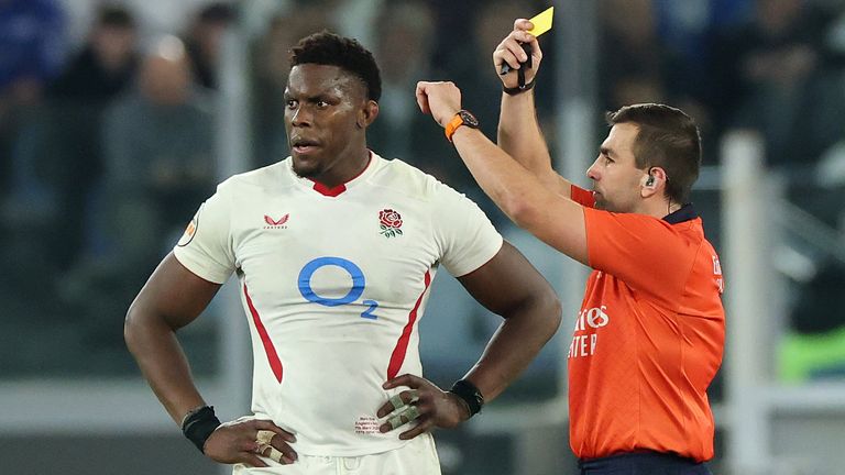 Maro Itoje reacts as team-mate Sam Underhill (not pictured) is shown a yellow card