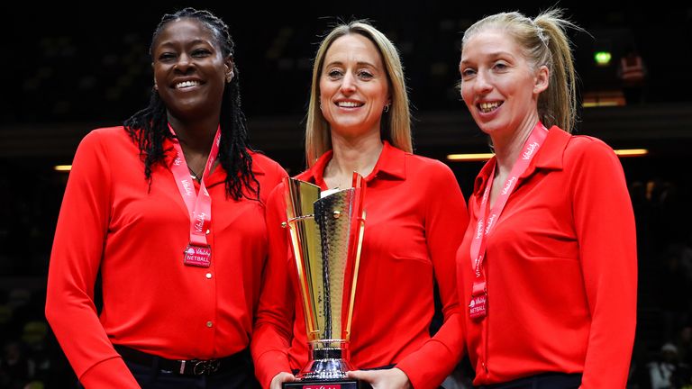 Assistant coach Sonia Mkoloma, head coach Jess Thirlby and technical coach Olivia Murphy after winning Vitality Netball International 2023