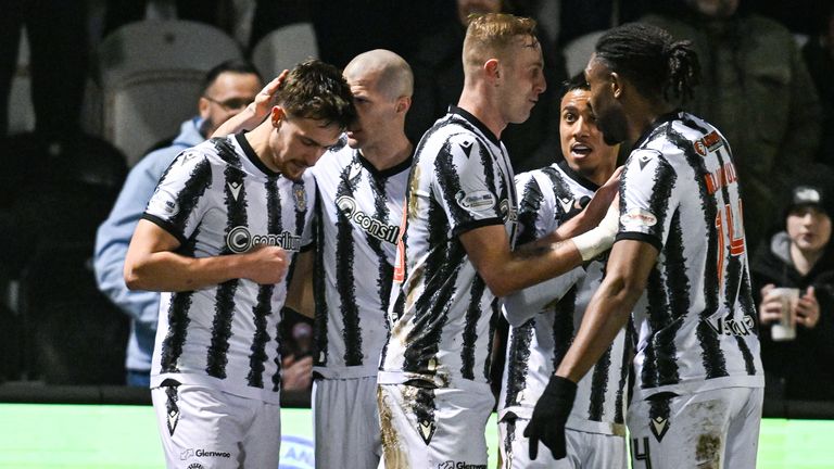 St Mirren's Jake Young (L) celebrates scoring to make it 2-0