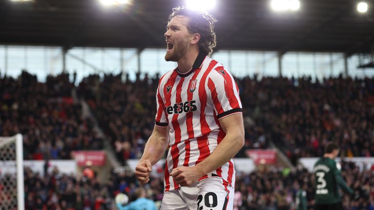 Sam Gallagher of Stoke City celebrates after he scores their third goal