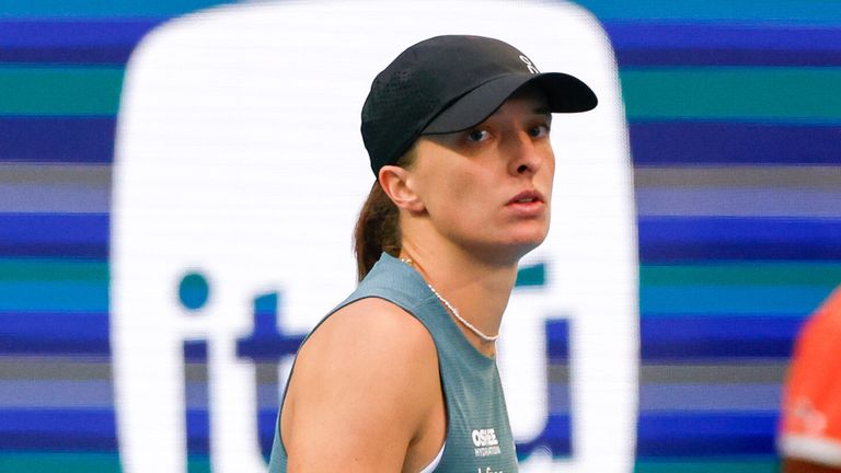 MIAMI GARDENS, FL - MARCH 19: Iga Swiatek (POL) in action during a Women's Singles Round 1 match against Magda Linette (POL) at the Miami Open on March 19, 2026, at Hard Rock Stadium in Miami Gardens, Florida,(Photo by Chris Arjoon/Icon Sportswire) (Icon Sportswire via AP Images)