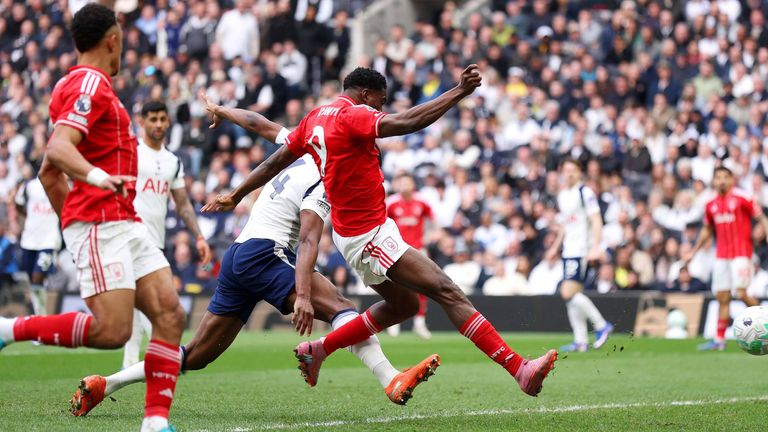Taiwo Awoniyi scores Nottingham Forest's third goal at Spurs