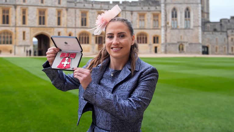 Tara Jones after being made a Member of the Order of the British Empire (MBE) by the Prince of Wales during at Windsor Castle