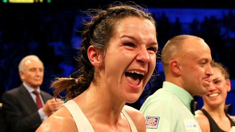 Terri Harper celebrates victory over Eva Wahlstrom in the WBC & IBO Super-featherweight World Championship fight at the FlyDSA Arena, Sheffield. PA Photo. Picture date: Saturday February 8, 2020. See PA story BOXING Sheffield. Photo credit should read: Richard Sellers/PA Wire