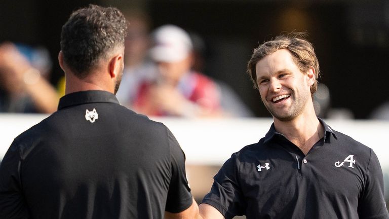 Thomas Detry of 4Aces GC shakes hands with Captain Jon Rahm of Legion XIII after the final round of HSBC LIV Golf Hong Kong