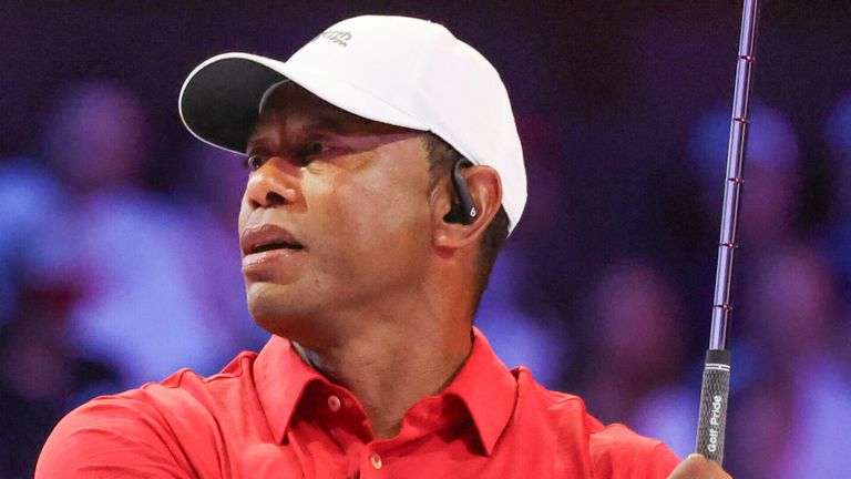 Tiger Woods of the Jupiter Links Golf Club plays his shot from the second tee the TGL finals 