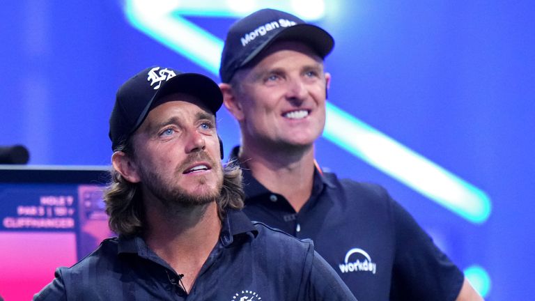 Tommy Fleetwood (left) and Justin Rose (right) in TGL action for Los Angeles Golf Club (Getty Images)