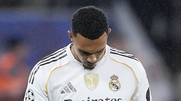 Real Madrid's Trent Alexander-Arnold reacts during the UEFA Champions League, league stage match at Anfield, Liverpool