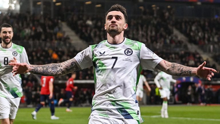 Troy Parrott of Republic of Ireland celebrates after scoring his penalty