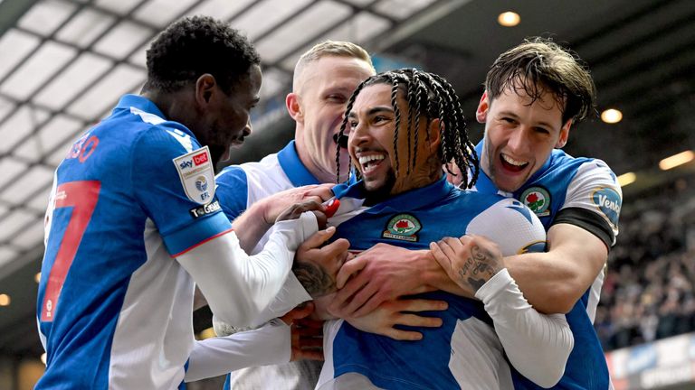 Blackburn Rovers' Tyrhys Dolan celebrates after scoring against Plymouth in February 2025