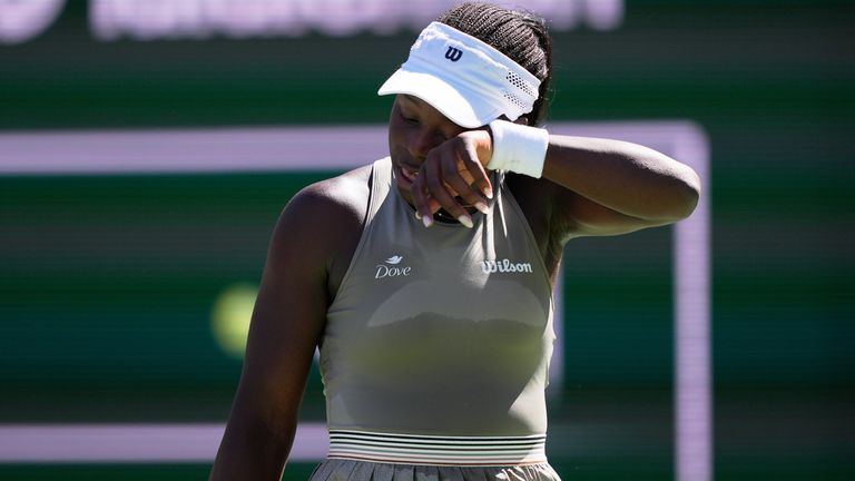 Victoria Mboko, of Canada, reacts after losing a point against Aryna Sabalenka, of Belarus, during a quarterfinal match at the BNP Paribas O