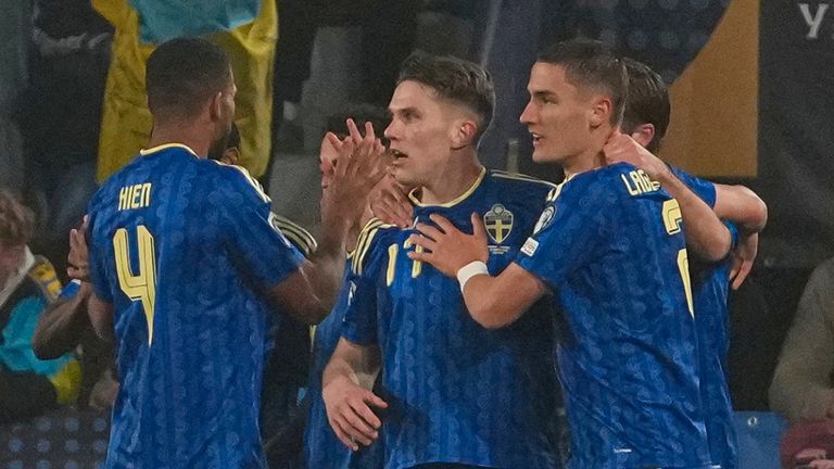 Sweden's Viktor Gyokeres celebrates with team-mates after scoring the opening goal (AP Photo/Alberto Saiz)