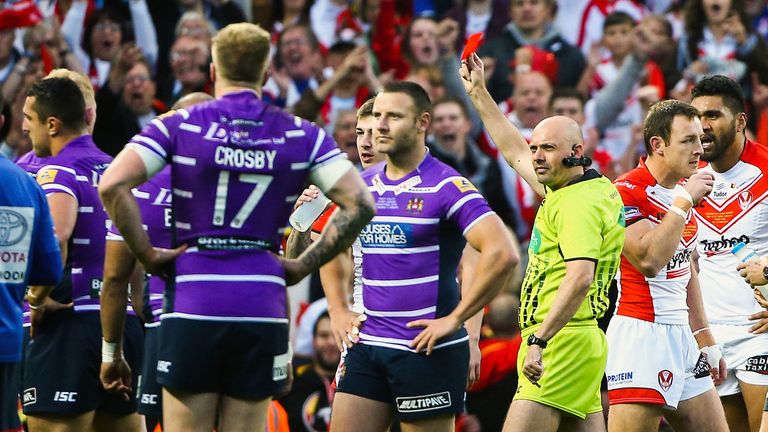 Wigan's Ben Flower was shown the first ever red card after ounching St Helens' Lance Hohaia