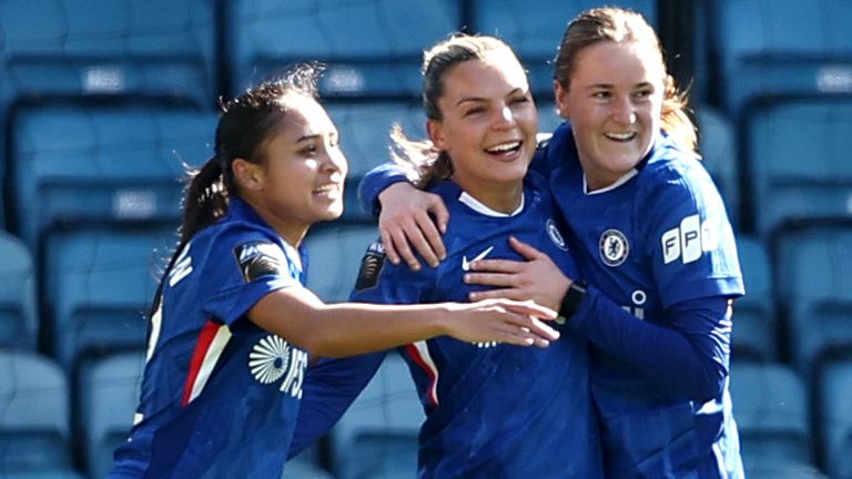 Johanna Rytting Kaneryd is congratulated after opening the scoring for Chelsea against London City Lionesses